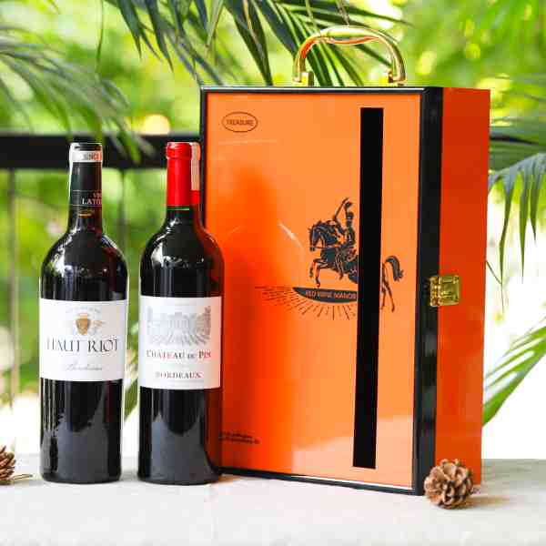 Set Rượu vang Pháp kèm hộp sơn mài đôi khoét lỗ màu cam